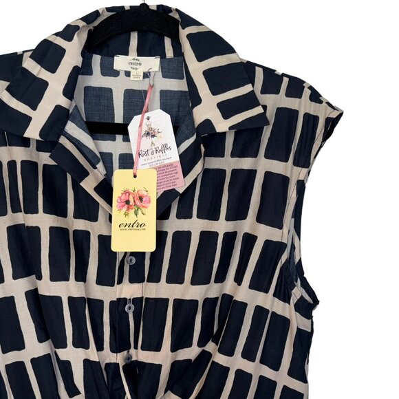 entro Dresses & Skirts - Entro Blue & Ivory Geometric Print Sleeveless A-Line Dress - Size L - NWT